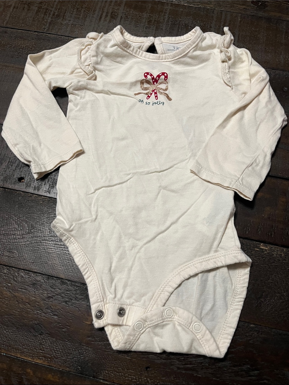 Holiday Cream Long-Sleeve One-Piece Bodysuit with Candy Bow Accent